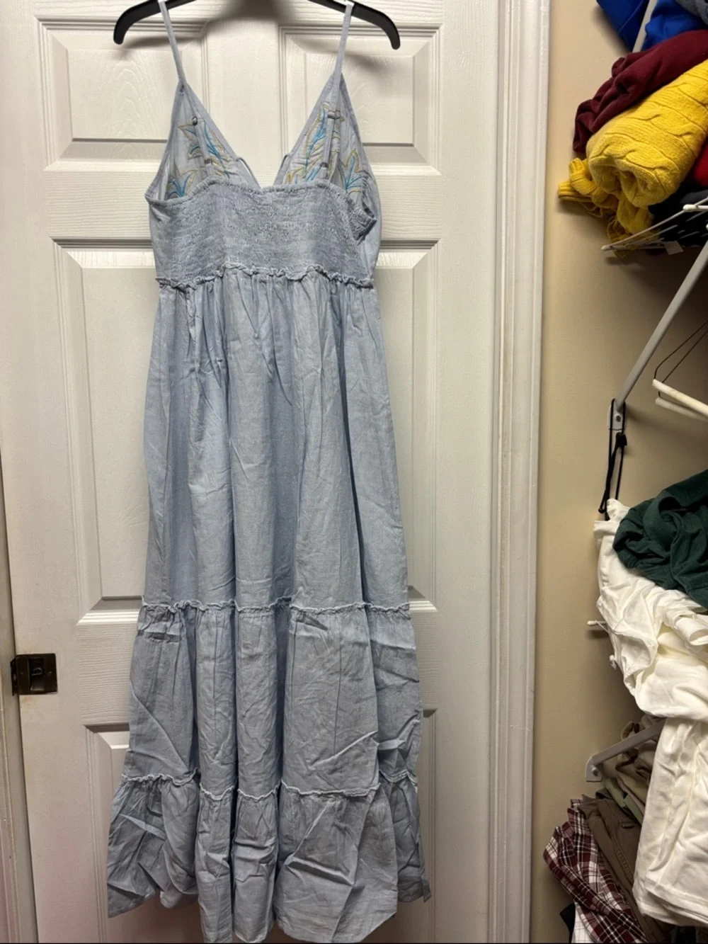 POL Light Blue Embroidered Maxi Dress with Tassel Tie and Sequin detail Women